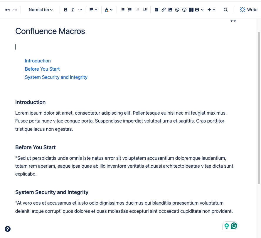 Confluence native macro table of content