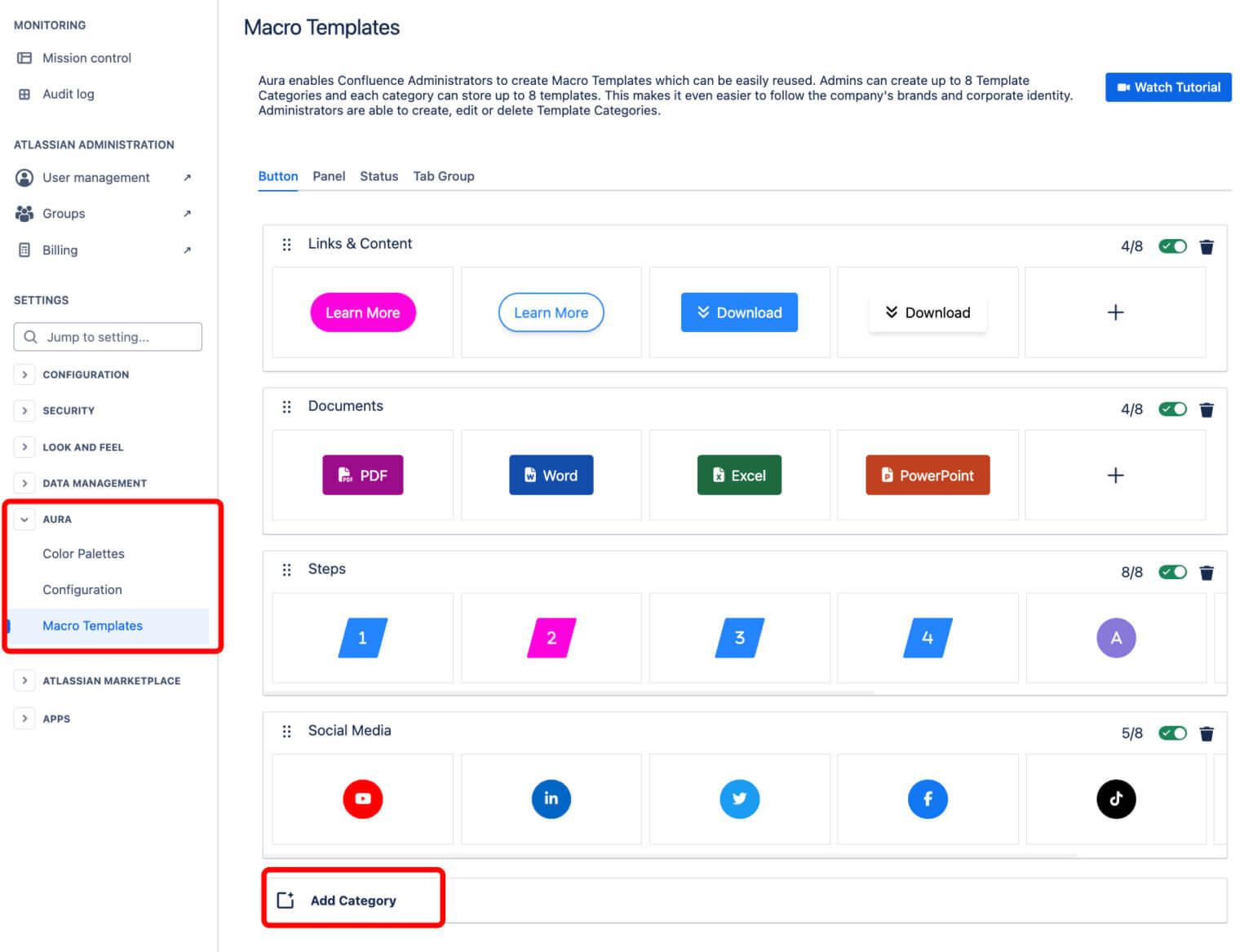 confluence button templates aura