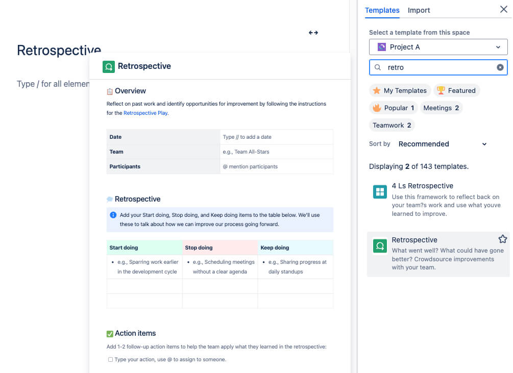 retrospective in Confluence