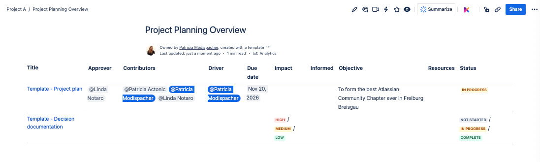 overview page properties macro