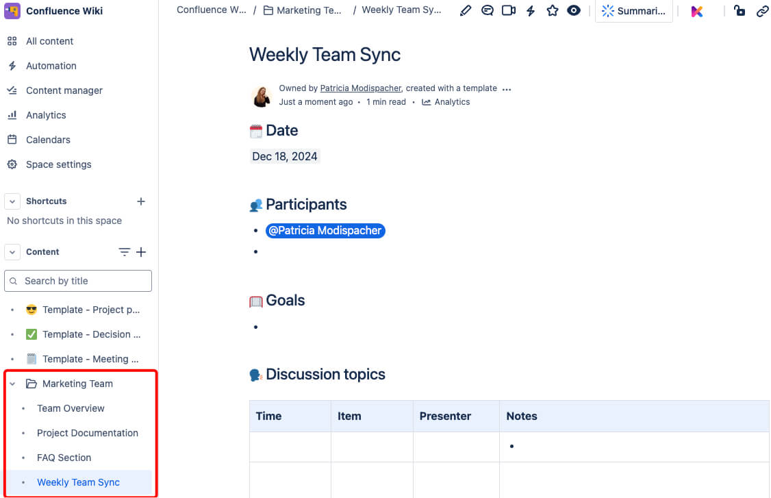 confluence folder structure