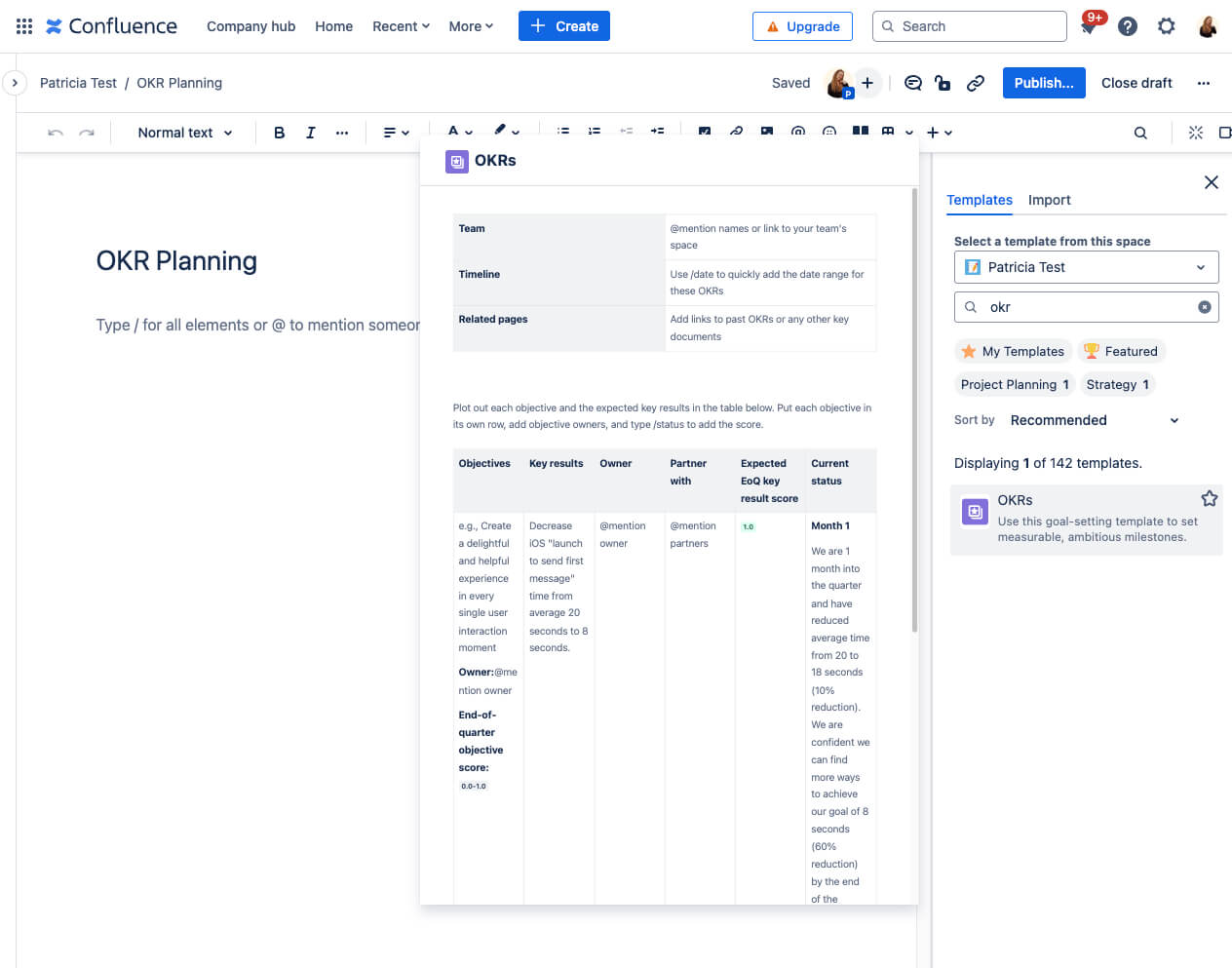 select okr planning template in Confluence