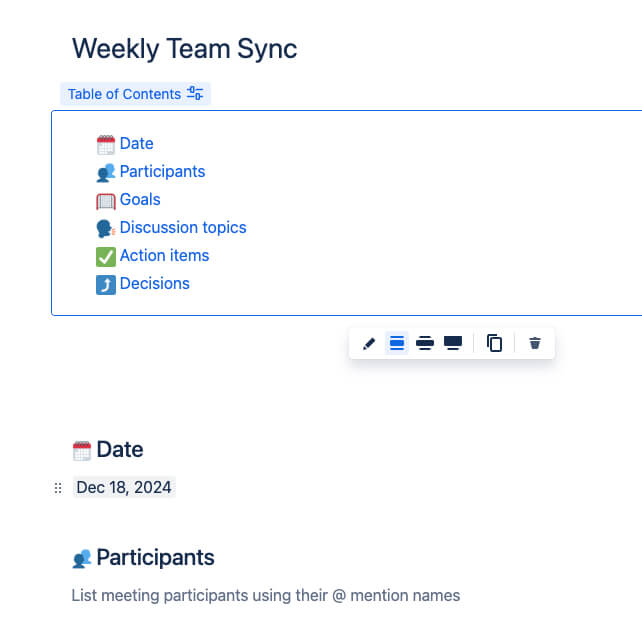 table of contents confluence